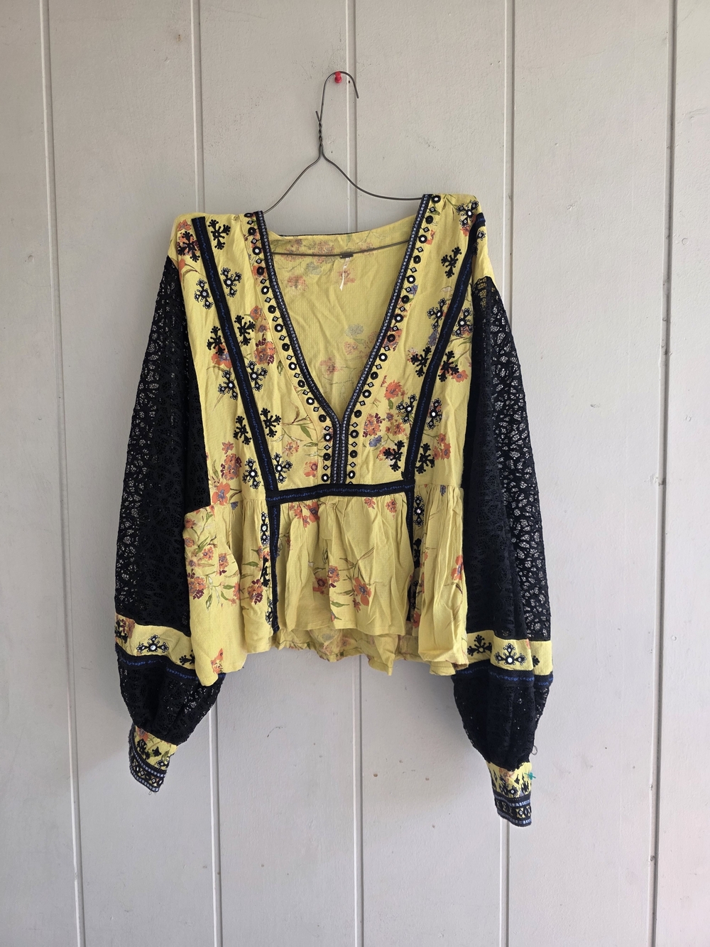 Free People Boogie All Night Embellished Bohimian Bell Sleeve Blouse Sz Large